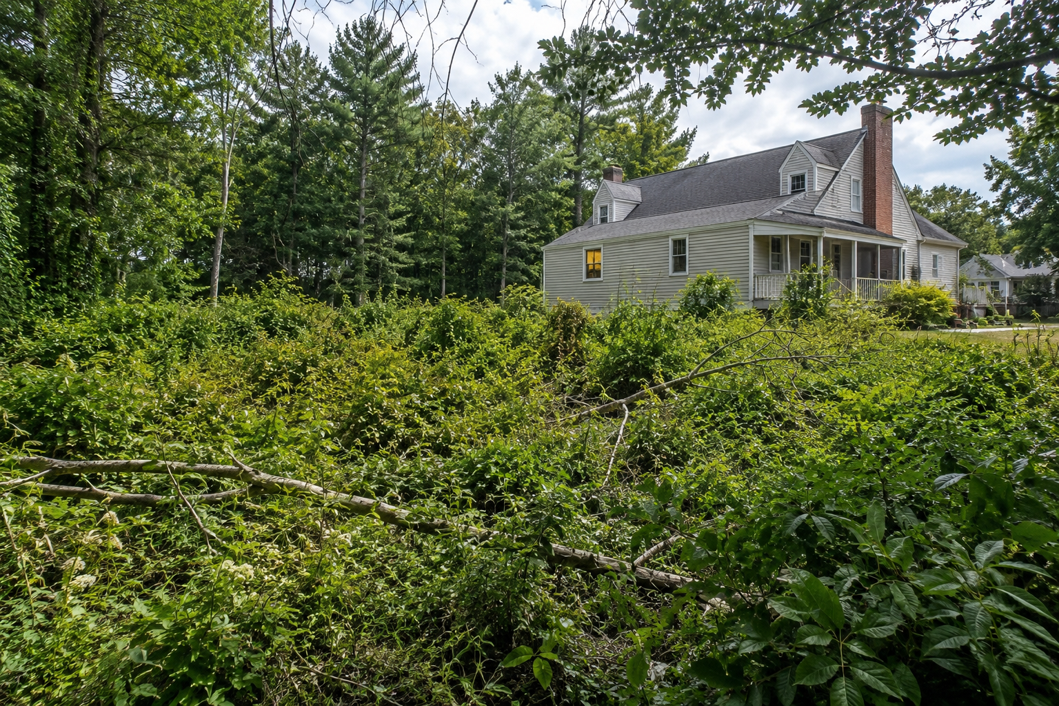 Dense brush near a house before clearing
